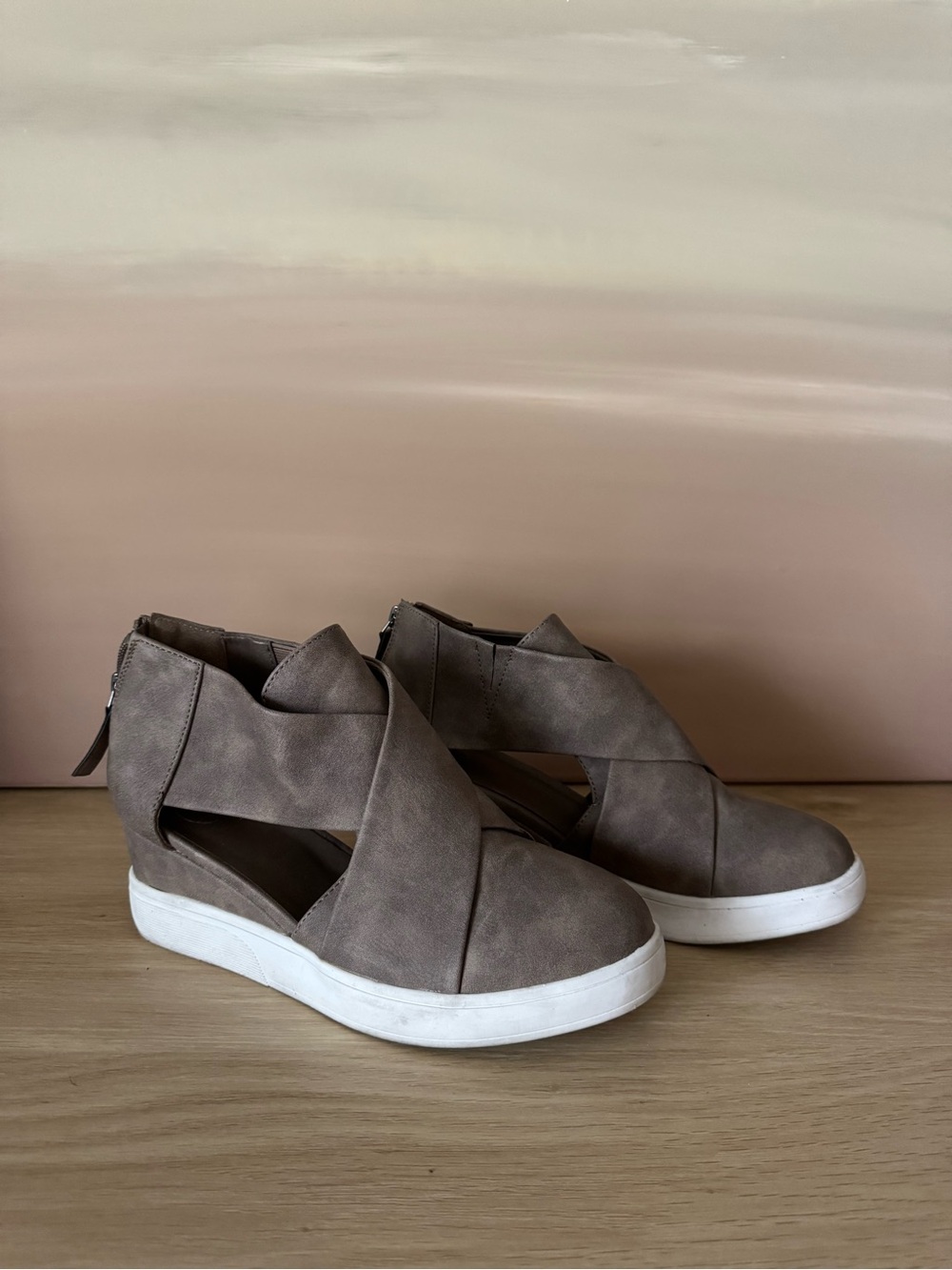 Women's Taupe Slip-On Wedge Sneakers - Stylish Casual Comfort | Size 8.5